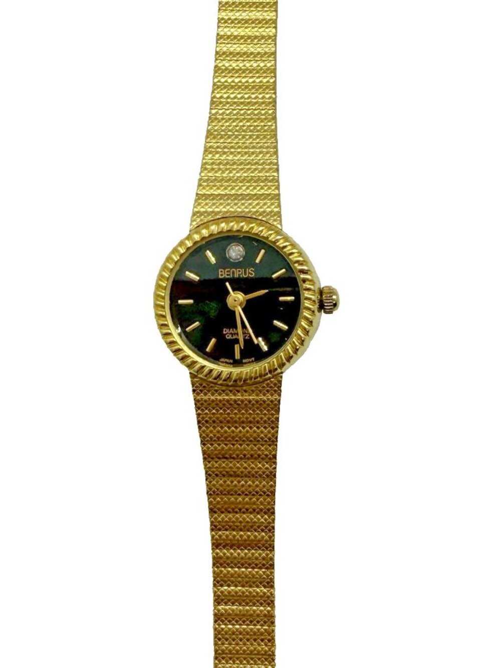 Vtg Benrus Diamond Quartz Women's Watch Black Dial Gold Tone Stainless Steel